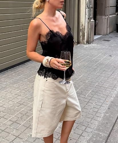 Women Lace Trim Satin Tank Top V Neck Silk Camisole Tops Asymmetrical Backless Spaghetti Strap Tank Cami Shirts thumbnail 4