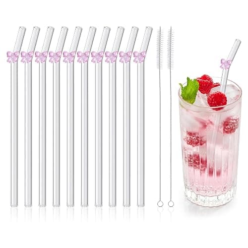 10 Pcs Reusable Pink Bow Glass Straws,9''x10 mm Bent Cute Glass Straws Shatter Resistant with Charms for Smoothies,Milkshake,Teas,Juice Drinks - Image 1