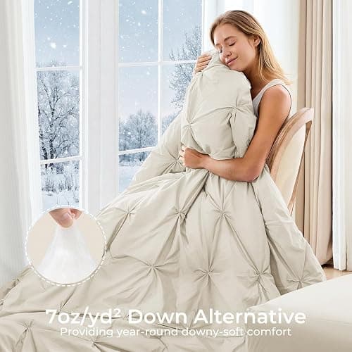 Sasttie Queen Comforter Set, 7-Piece Bed in a Bag, Pintuck Bedding Sets for All Season, Includes Comforter, Flat Sheet, Fitted Sheet, Pillowcases and Pillowshams, Beige thumbnail 2
