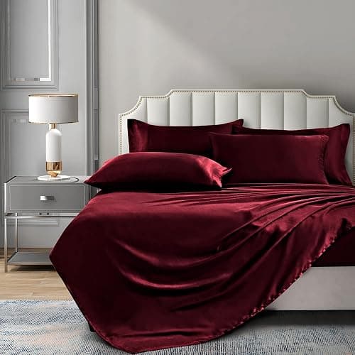 P Pothuiny 6 Pieces Queen Satin Sheets Luxury Silky Burgundy Satin Bedding Sheet Set, 1 Deep Pocket Fitted Sheet + 1 Flat Sheet + 4 Pillow Cases thumbnail 2