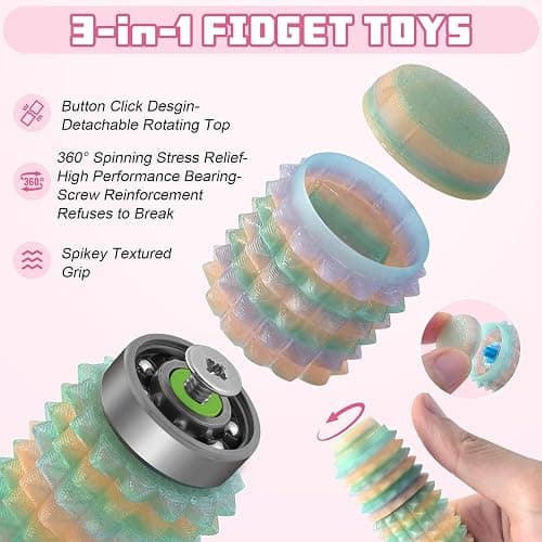 Little Ouchies Spiky Fidget Keychain, Pain Stim Sensory Toy for Adults | 3-in-1 Spinner, Clicker & Roller, Glow in The Dark, Stress & Anxiety Relief, Ideal for Friends & Family(Rainbow) thumbnail 3