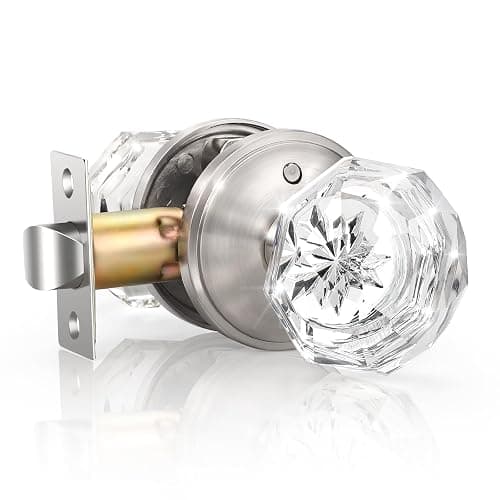KNOBWELL Privacy Glass Door Knob for Bedroom and Bathroom, Vintage Clear Crystal Door Knobs with Lock, Crystal Interior Door Knobs with Victorian Plate Rosette, Satin Nickel, 2 Pack - Image 1