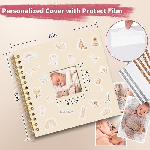 Vienrose Kids Scrapbook Album 8.5"X8.3" with Window Silk Fabric Cover Acid-Free Pages Personalised DIY Photos Scrapbooking for Baby Memory Book, First Year Keepsake Journal Gift Boy Girl, Beige thumbnail 2