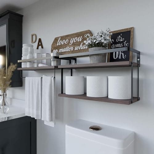 RICHER HOUSE 2+1 Tier Wall Mounted Floating Shelves Set of 2, Rustic Wood Shelf with Metal Frame, Extra Storage Rack for Bathroom, Kitchen, Bedroom with Tissue Rack & Towel Bar - Rustic Brown thumbnail 4