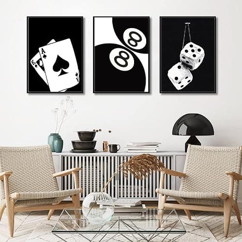 3Pcs Black and White Poker Dice Canvas Wall Art Lucky You Poster Prints Trendy Funky Preppy Y2K 8 Ball Pictures Artwork Aesthetic Painting for Game Room Apartment Dorm Decor 12x16in Unframed thumbnail 4
