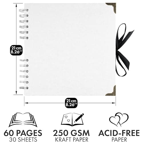 Bstorify Square Scrapbook Photo Albums 60 Pages (8 x 8 Inch) White Thick Paper, Hardcover, Metal Corners, Ribbon Closure - Ideal for Your Scrapbooking Albums, Art & Craft Projects (8 x 8 Inch, White) thumbnail 3