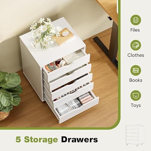 Sweetcrispy 5 Drawer Chest Mobile Storage Cabinets Small Wooden Dresser with Wheels Room Organization Furniture for Office Home, White Wood thumbnail 5