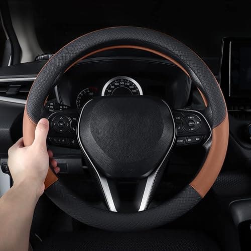 Follicomfy Auto Car Genuine Leather Steering Wheel Cover Anti Slip Wrap 15" (Brown) thumbnail 3