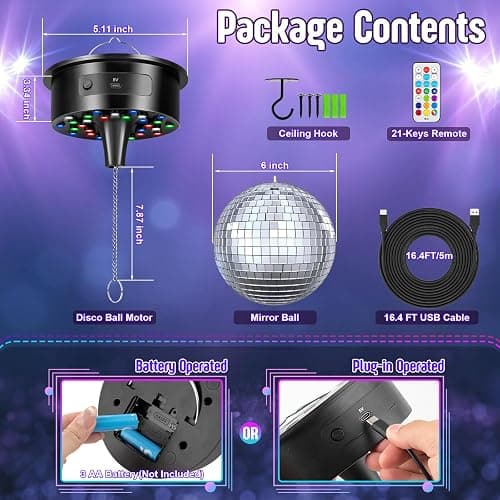 Disco Ball with Motor and 6 Inch Mirror Ball, Rotating 0/3/6/9/12/15 RPM Variable Speed,12 Lighting Colors and 4 Light Modes, 16 FT USB Power Cable and Remote Control, for Party Wedding Christmas thumbnail 5