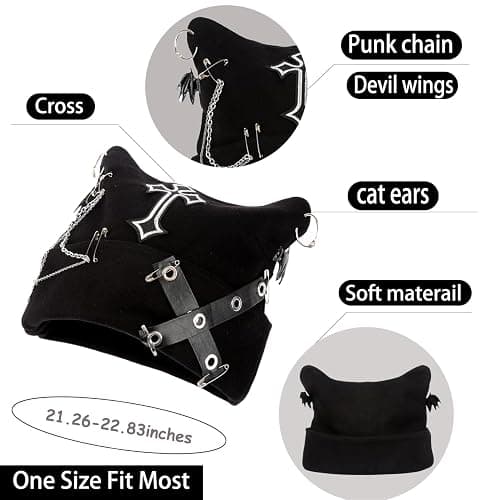 Arogheiz Womens Grunge Beanie Goth Crochet Hat, Y2K Cat Fox Ear Beanie Gothic Accessories Winter Outdoor Streetwear Black thumbnail 2