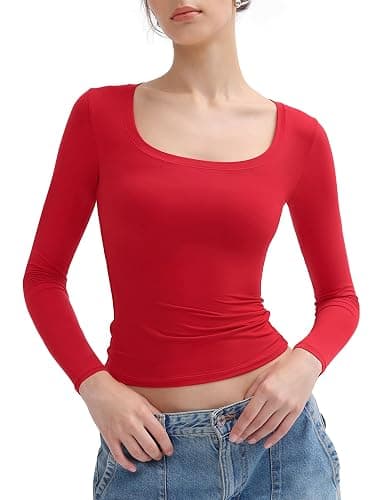 PUMIEY Women's Long Sleeve T Shirts Scoop Neck Slim Fit Going Out Tops Double Lined Basic Tee Smoke Cloud Collection - Image 1