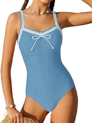 AMAWMW Girls Swimsuit One Piece Bathing Suit Ribbed Adjustable Straps Swimwear with Chest Pad Size 7-16Y - Image 1