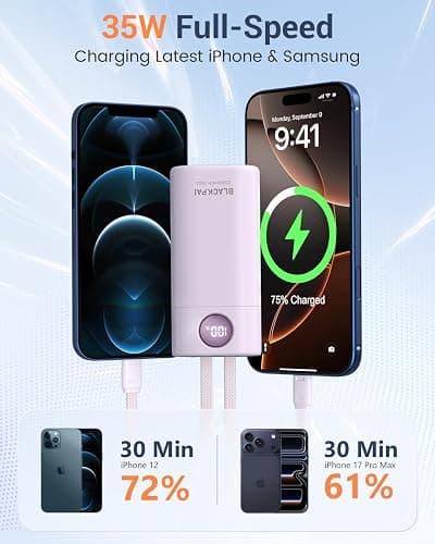 BLACKPAI Portable Power Bank 20,000mAh, PD 35W Portable Charger Super Fast Charging with 2 Built-in Cables, USB-C Digital Display Battery Pack for iPhone Air 17/16/15/14/13, Portable Travel Charger thumbnail 2