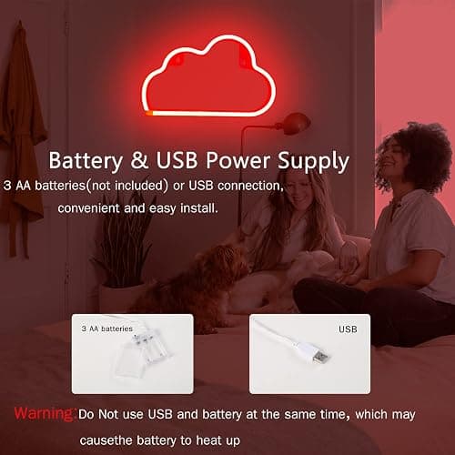 LED Cloud Neon Light for Wall Decor, Battery or USB Powered Sign Shaped Decoration Wall Lights for Bedroom Aesthetic Teen Girl Kid Room Birthday Wedding Party Halloween (Red) - Red thumbnail 4