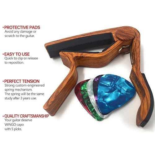 WINGO Guitar Capo for Acoustic and Electric Guitars - Rosewood Color with 5 Picks thumbnail 3