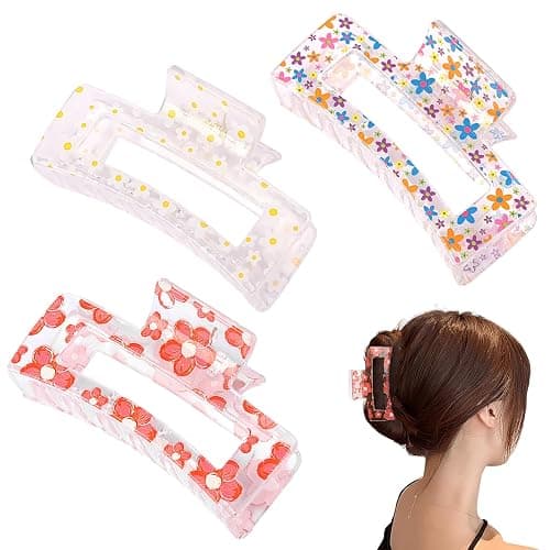 3PCS Flower Hair Claw Clips 3.3 Inch Cute Spring Rectangle Hair Clips Daisy Small Pink Flower NonSlip Hair Barrettes Strong Hold Hair Clamps Fashion Hair Accessories for Women Girls - Image 1