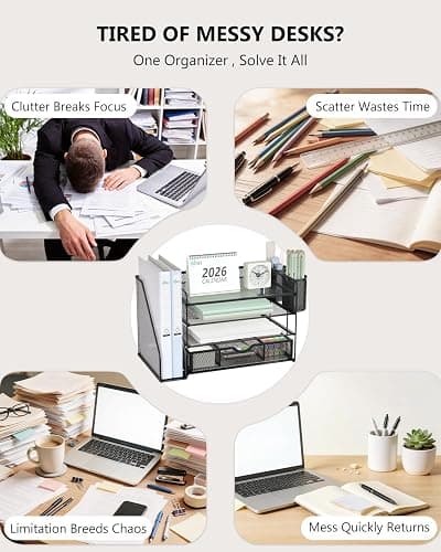 WALI Desk File Organizer, 4 Tier Desktop Paper Letter Tray Organizer with Drawer and 2 Pen Holders, Office Desk Accessories & Workspace Organizers for Office, Home Supplies(DO005DH-B), 1 Pack, Black thumbnail 4