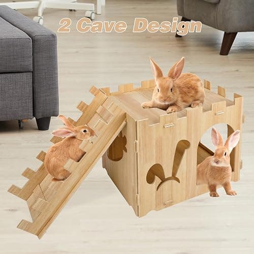 YUEPET Large Wooden Rabbit Castle with Ramp, Rabbit Pig Hideout Detachable Bunny House Indoor Small Animal Houses & Habitats for Adult Bunny Guinea Pig Chinchilla Hide Rest Play thumbnail 6