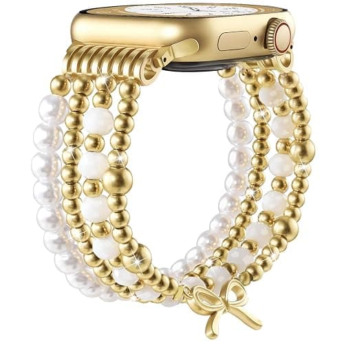 AIRSPO Gold Beaded Bracelets Compatible for Apple Watch Band 38mm 40mm 41mm 42mm Women, Fashion Handmade Dressy iPhone Watch Bands Stainless Steel Beads Elastic Strap for iWatch Series 11 10 9 SE 8 7 6 5 4 3 2 1 Ribbon knot-Gold thumbnail 7