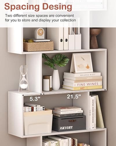 Yusong Bookshelf 5-Tier, Geometric Bookcase S Shaped Book Shelves for Bedroom, Modern Wood Decorative Display Shelf Book Case for Home Office, White thumbnail 8