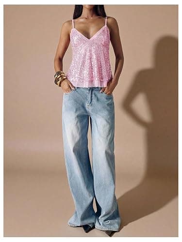 MakeMeChic Women's Sequin Sparkly Flowy Tank Top Babydoll Going Out Tops | Peplum Tops, Sleeveless, Spaghetti Strap, Y2K, Concert Outfit, Party, Club thumbnail 5