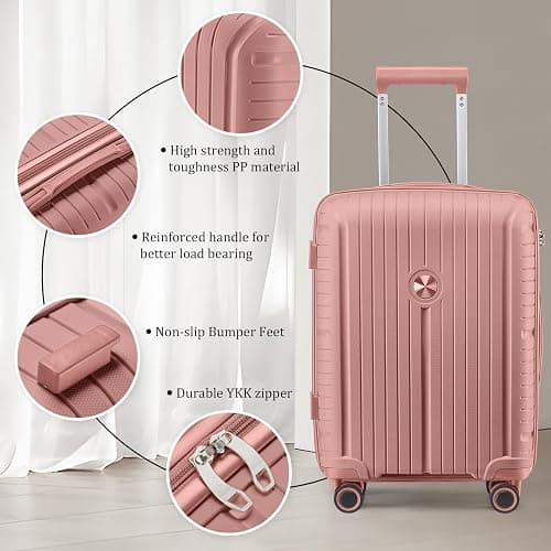 Joyway Luggage Sets 5 Piece PP Hardshell Carry on Suitcase, Travel Lightweight Carry-on with Double Spinner Wheels and TSA Lock, Rose Gold thumbnail 8