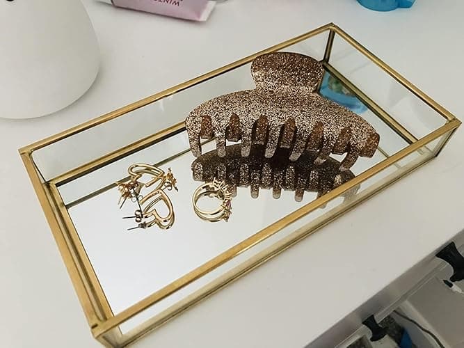 Feyarl Small Gold Clear Glass Perfume Tray Vanity Jewelry Trinket Rings Earrings Organizer Tray Collection Display Decorative Tray for Dressr Drawer Office Tabletop (7.87Inch) - 7.9" x 3.9" x 1.2" thumbnail 3