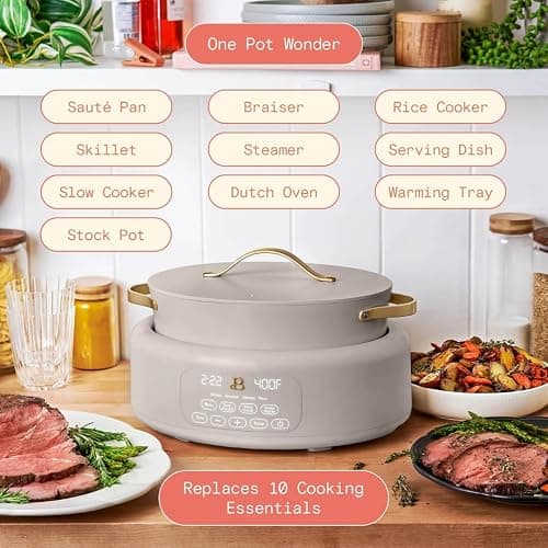 Beautiful 10-in-1 Electric Multi-Cooker by Drew Barrymore, 6-quart, digital display, 10 cooking functions, non-stick pot, easy one-touch control (Porcini Taupe) thumbnail 3
