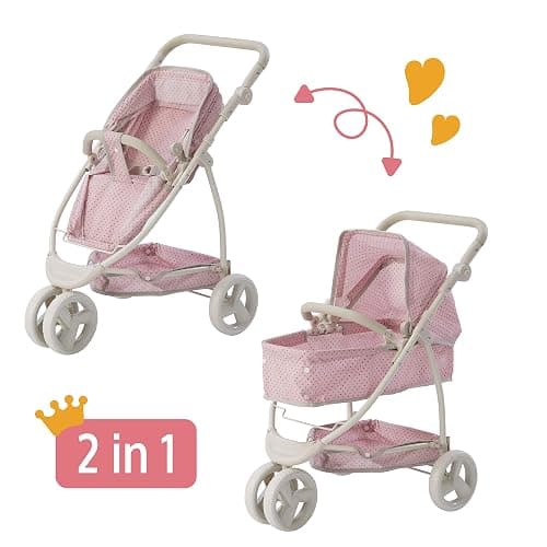 Olivia's Little World 2-in-1 Convertible Baby Doll Stroller with Retractable Canopy, All-Terrain Wheels, and Adjustable Handle, Cream and Pink with Gray Polka Dots thumbnail 6