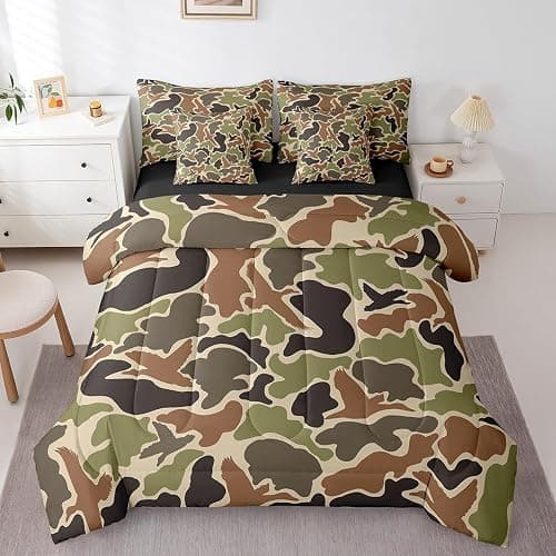 Feelyou Duck Hunter Green Camouflage Hunting 7 Pieces Bedding Set, Queen Size Black Brown All Season,Bed in a Bag with Comforter, Sheets, Pillowcases Camo Army Bed Set Breathable Wild Room Decor thumbnail 3