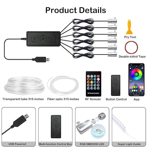 Interior Car LED Strip Lights, RGB 6 in 1 Ambient Lighting Kits with 315 inches Fiber Optic, 16 Million Colors Music Sync USB Car Interior Lights with Wireless APP/Button/RF Remote Control (6 in 1) thumbnail 5