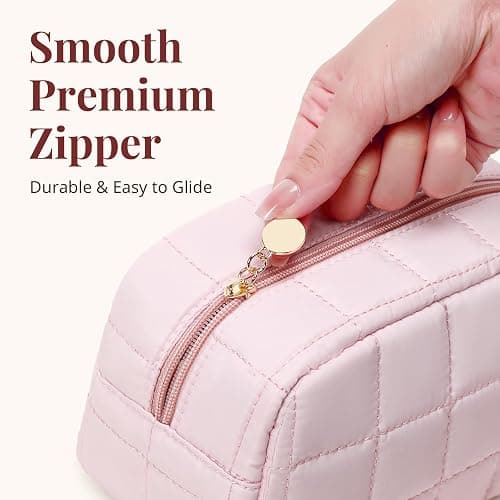 LOVELYWIND Makeup Bag for Women, Travel Cosmetic Bag Organizer with Compartments, Quilted Puffy Toiletry Pouch for Brushes, Essentials and Accessories, Pink thumbnail 6