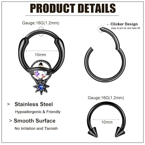 ONESING 16-20Pcs 16G Septum Rings Surgical Steel Nose Septum Jewelry Nose Piercing Jewelry Septum Horseshoe Helix Tragus Earring Lip Black Nose Hoop for Women Men thumbnail 2