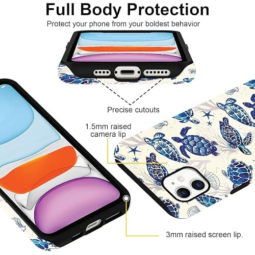 Vulfwela Summer Turtle Phone Case for iPhone 12/12 Pro, Shcokproof Cove for Women Men - White Blue Tortoise Shell thumbnail 3