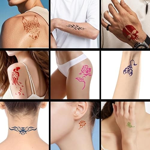 HEILFNL Temporary Tattoo Kit 12 Colors Temporary Tattoo Ink,111 Pcs Stencils Kit for Body Paint Fake Tattoos,DIY Art Painting Party for Women Man thumbnail 5
