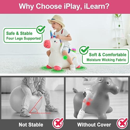 iPlay, iLearn Bouncy Pals Hopping Unicorn Horse, Toddler Girl Inflatable Bouncing Animal Hopper Toy, Outdoor Indoor Plush Ride on Bouncer, Baby Birthday Gift 18 Month 2 3 4 Year Old Kid - Unicorn thumbnail 3