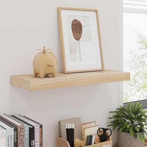fuqing Natural Wood Floating Shelves - Wood Floating Shelves for Wall Set of 3-17 Inch Wide x 6.7 Inch Deep Natural Wooden Shelves for Living Room Bedroom Home Office thumbnail 2