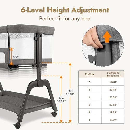 Papablic Baby Bassinet, Bedside Bassinet for Baby with Four-Sided Breathable Mesh & Soft Mattress, Adjustable Bassinet Bedside Sleeper with Storage Basket and Wheels, Easy to Assemble, Gray thumbnail 2