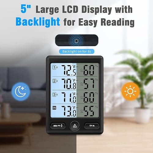 Geevon Indoor Outdoor Thermometer Wireless 3 Remote Sensors, 5-Inch Display Digital Hygrometer Thermometer Temperature Humidity Monitor with 8S Backlight, Battery-Powered (Black) thumbnail 2