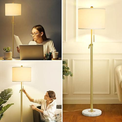 【Upgrade】 Gold Floor Lamps for Living Room, 55"-67" Height Adjustable Modern Standing Lamp with Marble Base, Pull Chain Switch, 3-Way Dimmable Tall Pole Lamp for Bedroom Office Reading, Bulb Included thumbnail 6