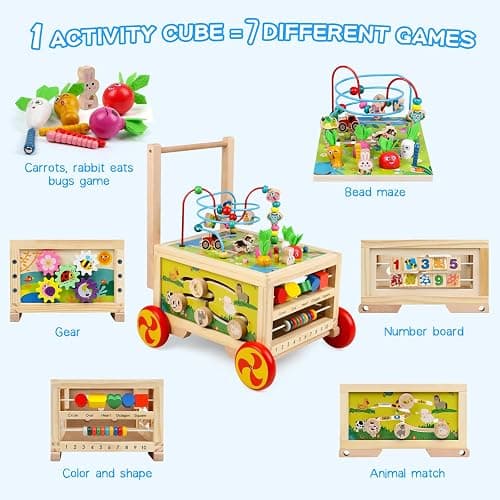 Wooden Activity Cube 7-in-1 Montessori Toy Multipurpose Educational Learning Toy for 1+ Year Old Baby Toddler Kid Boy First Birthday Gift Bead Maze Gear Number Animal Board Carrots Harvest Game thumbnail 3