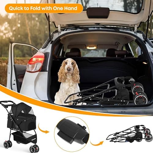 Pet Stroller,Dog Stroller for Small Medium Dogs Cats,3 Wheels,Foldable,with Breathable Mesh Canopy,Cup Holders,Easy Assembly,Black thumbnail 4