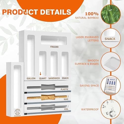 DALSHABET 9 IN1 Bamboo Storage Bag Drawer Organizer with Cutter, Foil and Plastic Wrap Dispenser for Kitchen Storage Compatible with All Brands Gallon, Quart, Sandwich & Snack Size Bags - White thumbnail 6