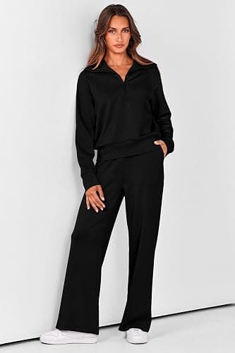 PRETTYGARDEN Women's 2 Piece Outfits Casual Lapel Half Zip Sweatshirts and Wide Leg Pants Tracksuit Sets thumbnail 2