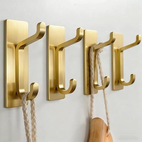 Josmimic Self Adhesive Wall Hooks for Hanging: Extra Strong 13 LB, Hook for Coat, Towel in Bathrooms, Shower, Kitchen, Wall, Door Hook, Brushed Gold 4 Pack - Image 1