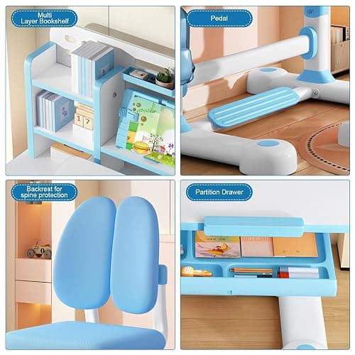 Kids Study Desk And Chair Set, Height Adjustable Children's Study Desk And Chair Set Toddler Learning Table and Stool Set with Bookshelf Storage Drawer 50-Degree Tiltable Desktop for Bedroom Blue thumbnail 6