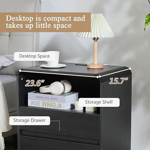 HtThalamic Modern Nightstands with Charging Station, Black Night Stand with 2 Drawers, Wood End Table with Storage, 23.6'' Wide Bedside Cabinet for Bedroom thumbnail 5
