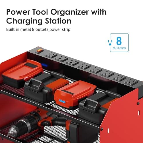 CCCEI Modular Power Tool Organizer Wall Mount with Charging Station. Garage Drill Storage Shelf with Hooks, Heavy Duty Rack, Tool Battery Holder Built in 8 Outlet. Gift for Men. Red, 1 Pack. thumbnail 4
