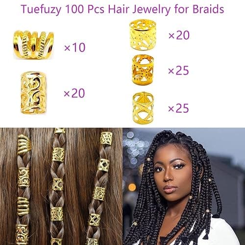 Gold Hair Jewelry Braid, Tuefuzy 100 Pcs Hair Dreadlock Accessory, Metal Gold Braids Rings Cuffs Clips for Dreadlock Accessory Jewelry Decorations thumbnail 2
