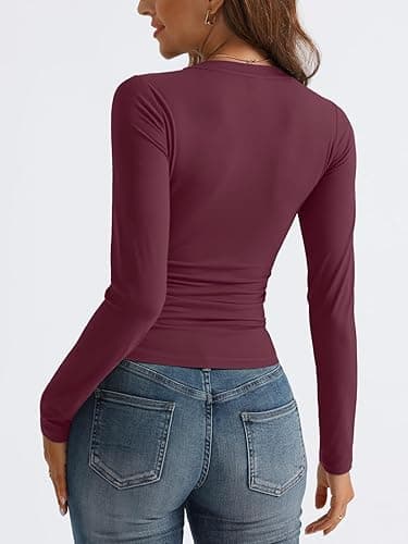 Trendy Queen Long Sleeve Shirts for Women 2025 Fall Fashion V Neck Basics Crop Tops Slim Fitted Y2K Tops Outfits Clothes thumbnail 5
